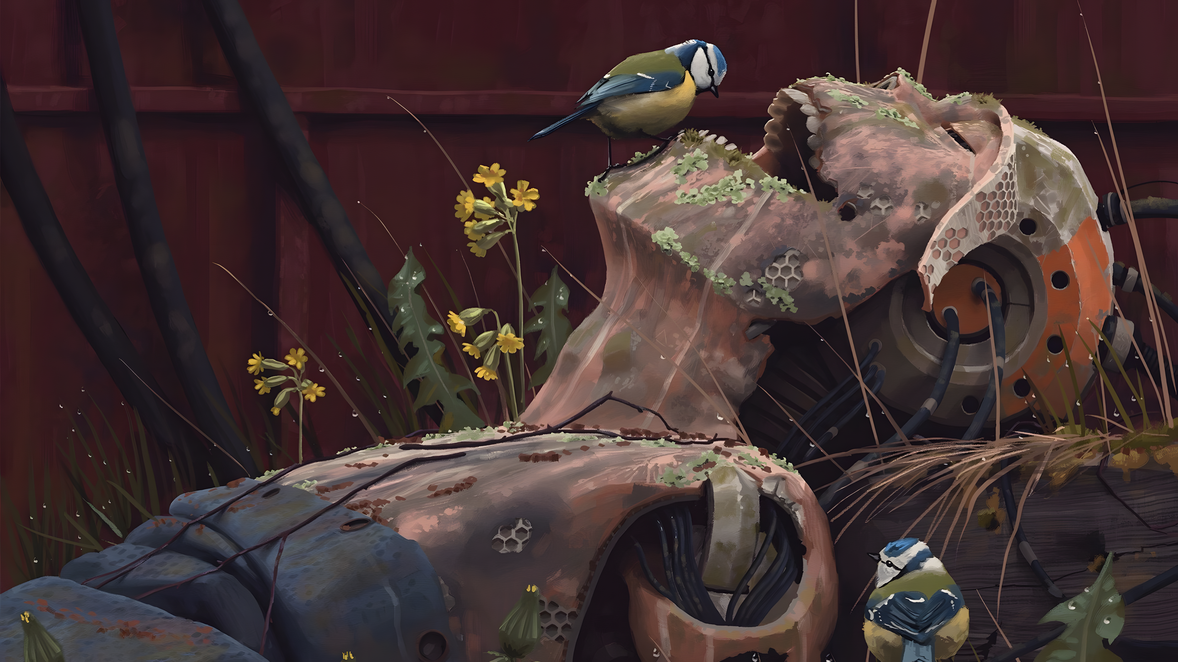 Broken and dirty robot with a bird on your mouth. by simon stalenhag